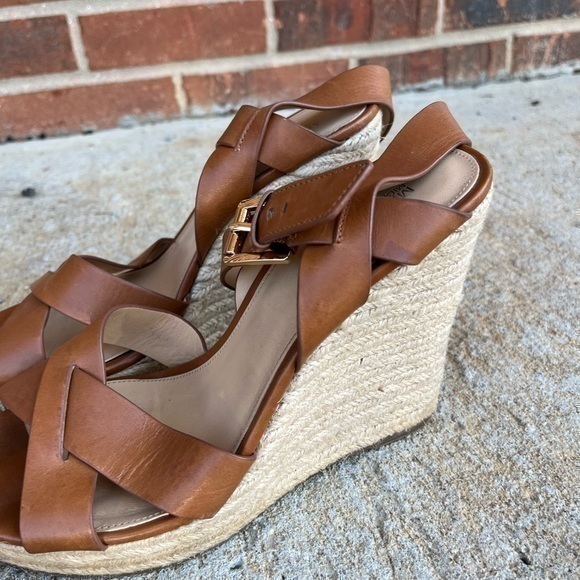 MICHAEL Michael Kors Women’s Brown Leather Open Toe Espadrille Wedge Heels - Picture 4 of 14